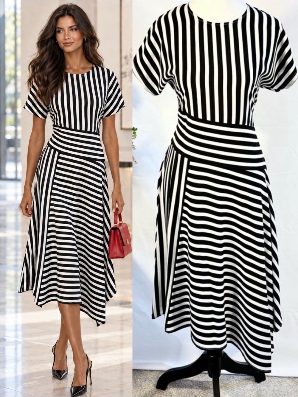 💥Karl Lagerfeld Paris Black White Striped Asymmetrical Midi Dress Sz 4💛